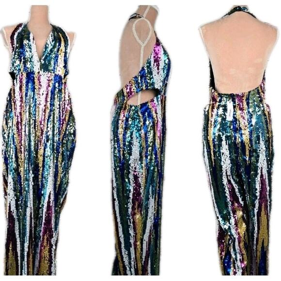 NWT Nasty Gal Stripe Sequin Halterneck Cut Out Jumpsuit Size 8 - Picture 5 of 8